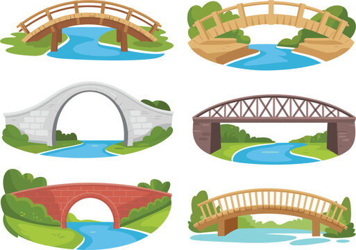 Bridge Collection Set Over River, Wooden Stone and Arch Footbridges Landscape Vector Illustration Design