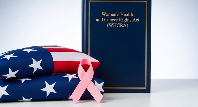 Women's Health and Cancer Rights Act, WHCRA Legal Book with US Flag and Ribbon