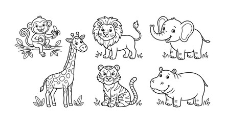 Fototapeta premium Safari animals vector illustration black and white line art style