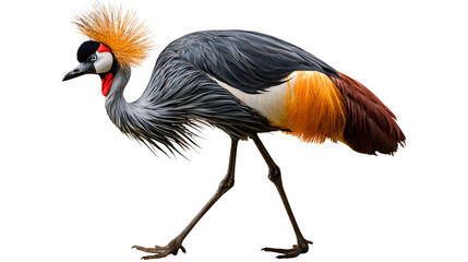 Obraz premium Grey crowned crane on transparent backdrop, exotic bird with golden plumage for design projects and educational use, white background