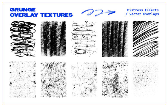 Distressed Grunge Overlay Texture Set. Grunge stamps for overlays background with scribbles, scratches, speckles, brush marks, ink, texture of grain, dust, roller marks, concrete. Vector graphic set