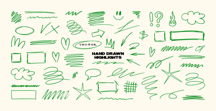 Hand Drawn Highlight Doodles and Scribble Marks. Playful сollection hand drawn highlights with arrows, frames, hearts, stars, speech bubble, scribble marks, curly, squiggles lines. Vector graphic set