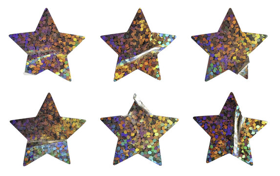 Collection of six sparkling holographic star-shaped stickers with realistic foil creases and iridescent light effects isolated on a white background.