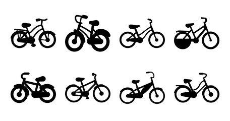 Obraz premium Six different bicycle silhouettes in a row - A clean, minimalist line-up of six varied bicycle designs shown as black silhouettes, ideal for sports, travel, or design projects.