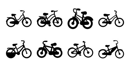 Obraz premium Six different bicycle types in black silhouette style - A collection of six distinct bicycle designs illustrated in sleek black silhouette, showcasing variety in styles from mountain to city bikes.