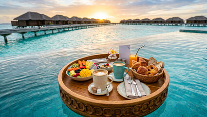 Obraz premium Floating breakfast tray in an infinity pool with tropical fruits and overwater bungalows