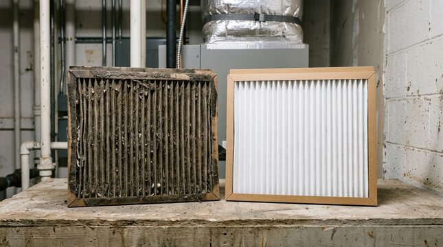 Side-by-side comparison of a dirty and clean HVAC air filter. Old clogged furnace filter next to a brand new white pleated replacement. Home maintenance and indoor air quality concept