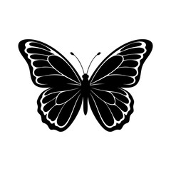 A black butterfly illustration with white lines on wings spreads its wings wide on a plain background. © ROBI 
