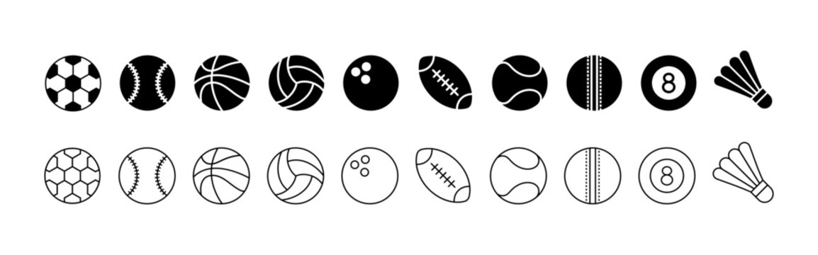 Sports Ball Icon Set, Football, Basketball, Baseball,cricket, tennis, badminton, volleyball and Game Symbols Vector