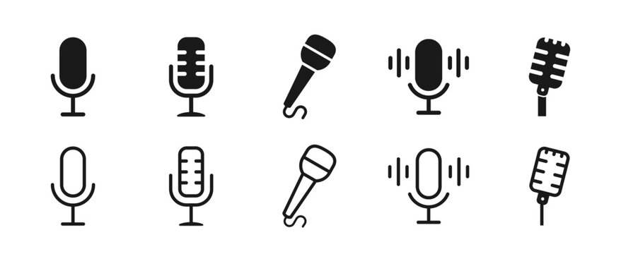 Microphone Icon Set, Podcast Recording and Audio Equipment Symbols Vector