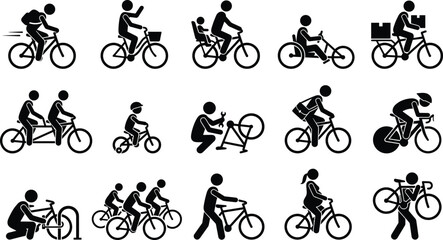 Naklejka premium Various people riding and using different bicycles and bike accessories