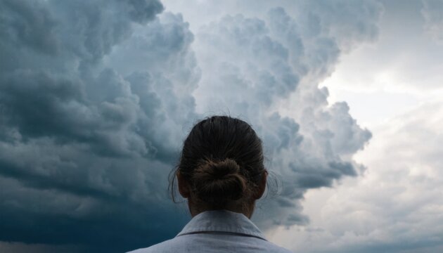 Person with hair in a bun viewed from behind, wearing a denim jacket, looking at dark, dramatic storm clouds in the sky.