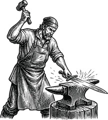 Fototapeta premium Blacksmith forging a sword detailed engraving illustration on a white background