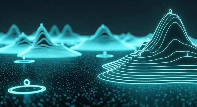 Neon blue topographic map visualization showing data peaks on a dark ground with topography visualization technology analytics landscape geometric abstract information analysis monitoring
