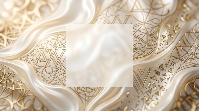 Luxurious White Silk Waves with Gold Patterns and Central Copy Space