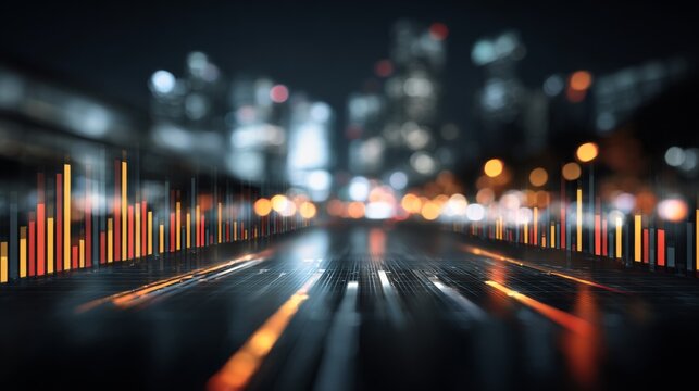 Digital data visualization showcasing colorful sound waveforms against a blurred city skyline at night