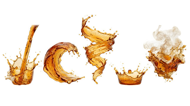 Set of cola or tea splashes isolated on transparent background