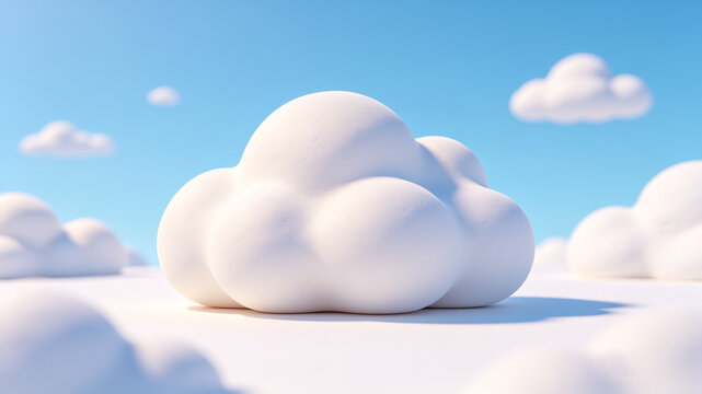 3D render of fluffy white cumulus clouds in a blue sky, claymorphism style