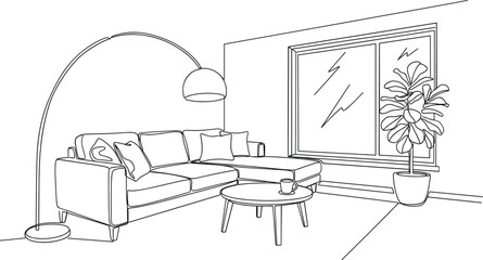 Modern living room interior with corner sofa continuous line drawing vector illustration arched lamp coffee table window plant © MdMursalin