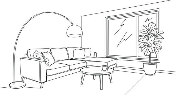 Modern living room interior with corner sofa continuous line drawing vector illustration arched lamp coffee table window plant