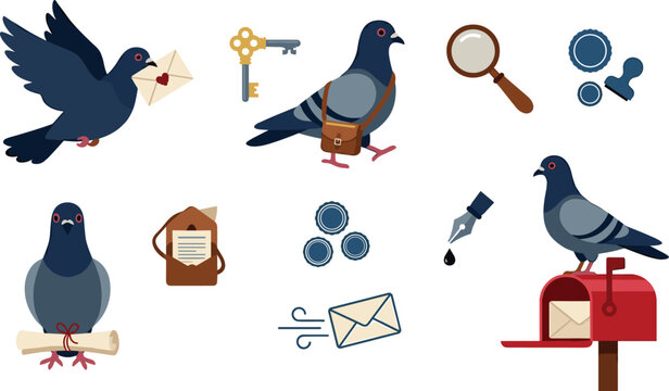 Postal Pigeon Communication Icon Set Featuring Mail Delivery Birds, Letters, Messages, Courier Symbols, and Vintage Correspondence Elements