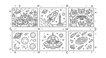 Space themed vector illustrations with planets rockets and alien characters © nurjahan