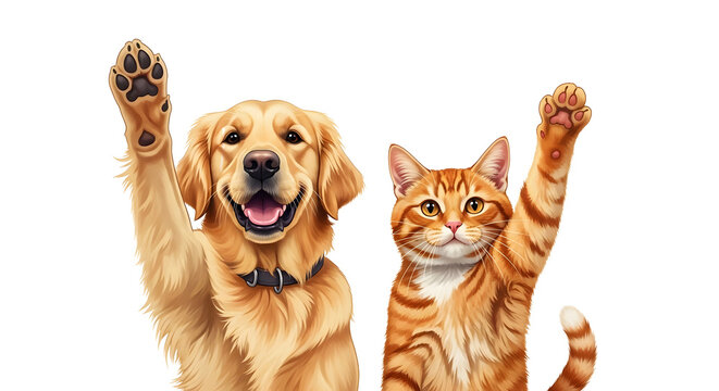 Cute golden retriever dog and orange tabby cat raising paws on transparent background