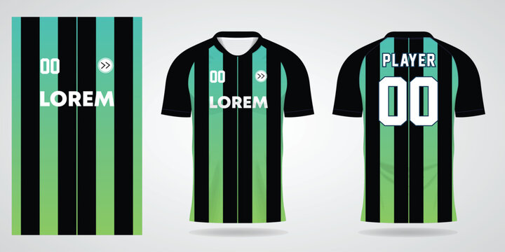 Black and green striped soccer jersey mockup with lorem ipsum text