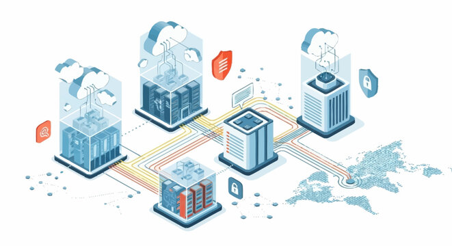 Modern data center infrastructure with cloud connectivity and global network representation.