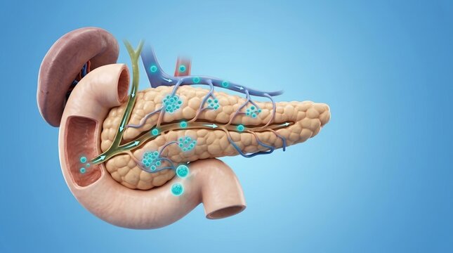 Anatomical illustration of the human pancreas and digestive system. Medical visualization of insulin secretion and ductal function