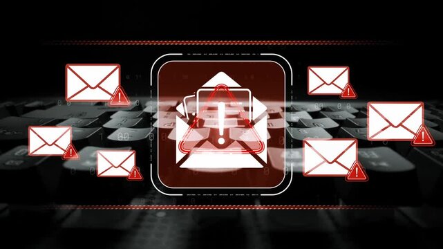 Warning Symbols with Email Icons Representing Cybersecurity Threats and Alert Notifications on Computer Keyboard Background Sigmoid