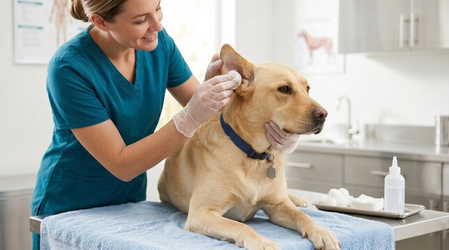 Dog ear cleaning service, Veterinary technician care, Pet hygiene wellness visit, Clean treatment room, Calm canine patient, Professional animal clinic