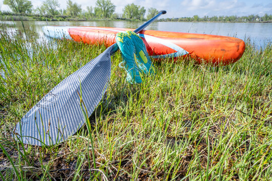 racing stand up paddleboard with a paddle and water shoes on a lake shore