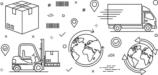 Logistics and global delivery service vector line icons set with cardboard box truck forklift globe pin pointer illustration © MdMursalin