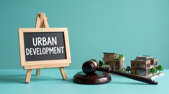 Urban development text on chalkboard with judge gavel and house models, real estate law and city planning concept, zoning regulations and property legislation