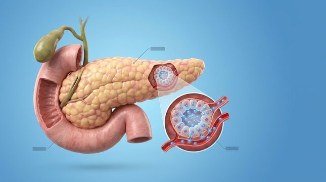 Anatomical illustration of human pancreas and gallbladder. Medical diagram showing pancreatic acini and insulin secretion