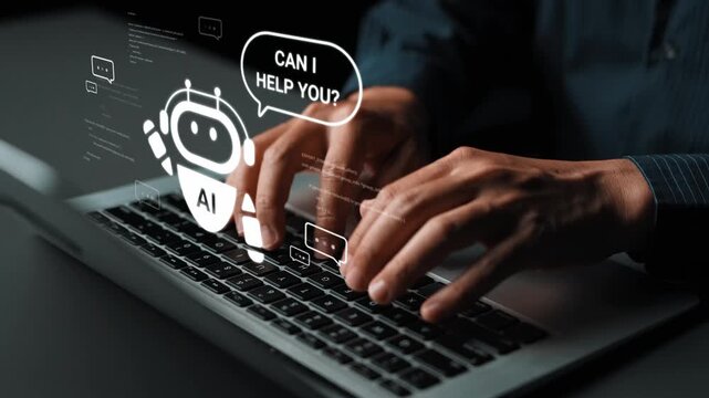Hands Typing on Laptop with AI Chatbot Interface Featuring Virtual Assistance and Technology Interaction Concept in Dark Environment Gluon.