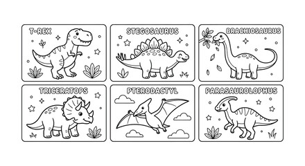 Dinosaur Illustrations Black And White Vector Set With Botanical Elements © nurjahan