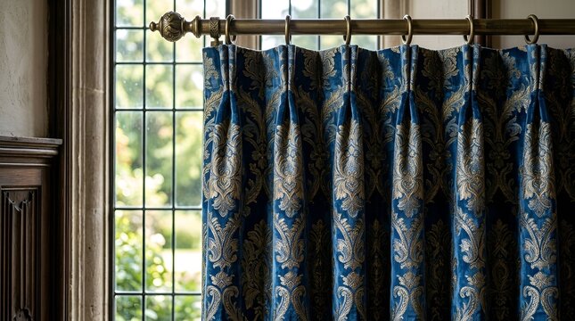Blue damask curtains with gold pattern draping elegantly at a window with natural light.