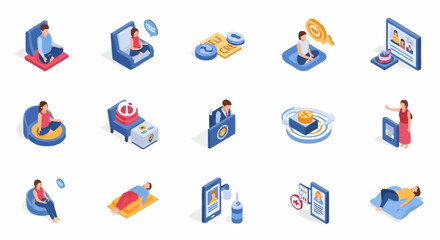 Fototapeta premium Collection of isometric icons representing various aspects of mental health and well-being, including meditation, therapy, and relaxation.