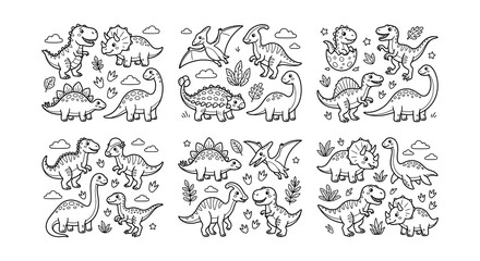 Dinosaur Illustrations Black And White Vector Set With Botanical Elements © nurjahan