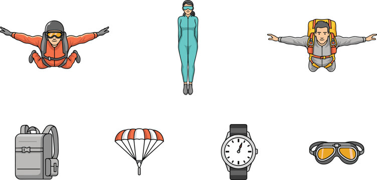 Skydiving and Parachuting Vector Icon Set featuring Freefall Jumpers, Extreme Skydivers, Equipment Backpack, Goggles, Watch, and Parachute Elements for Adventure Designs