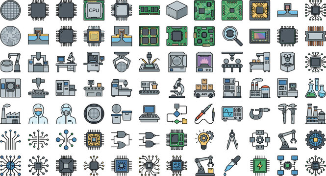 Isometric semiconductor microchip elements factory microprocessing silicon wafer processor worker technology manufacturing vector set isolated illustration