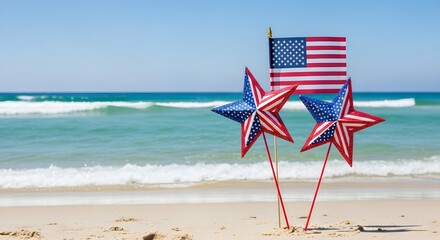 American flags and patriotic star decorations on a sandy beach with ocean waves summer holiday