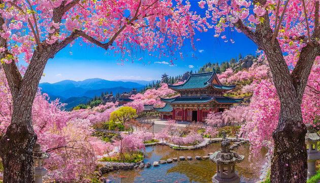 Chinese temple with beautiful cherry blossom garden