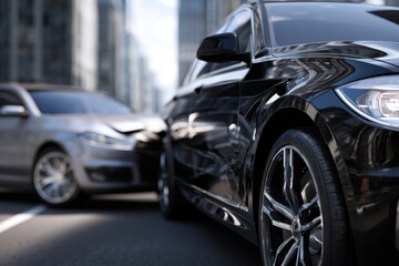 Fototapeta premium Two modern cars involved in a side collision on an urban city street with reflective surfaces and close-up details of damaged vehicle paintwork and tires