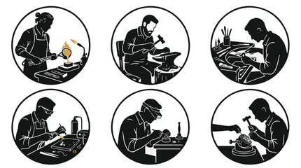Obraz premium Six goldsmith Working at Benches in Silhouette Studio Illustration Style 