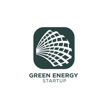 Green energy startup logo with abstract grid and dark background for tech.