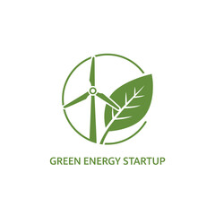 Obraz premium Green energy startup logo with wind turbine and leaf for eco friendly power.