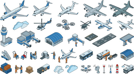 Isometric aviation airport elements airplane cargo jet terminal runway helicopter vehicle worker vector set isolated illustration © Md